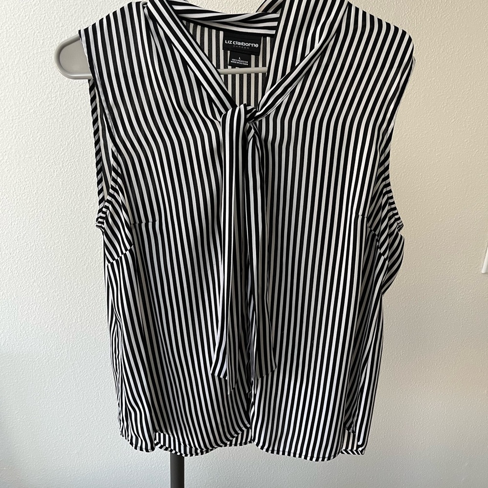 Liz Claiborne Black & White Vertical Stripe Tie-Front Sleeveless Blouse